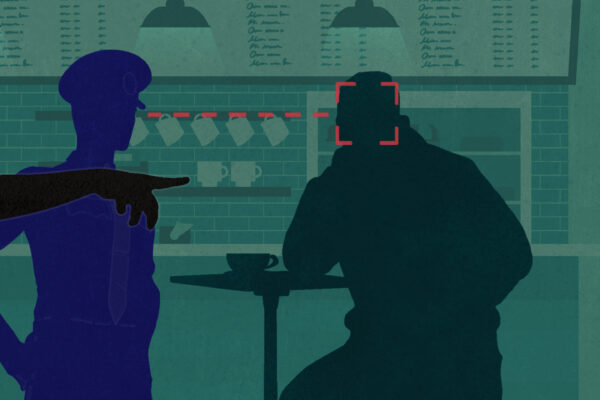 Person pointing police to another person in a cafe on green background
