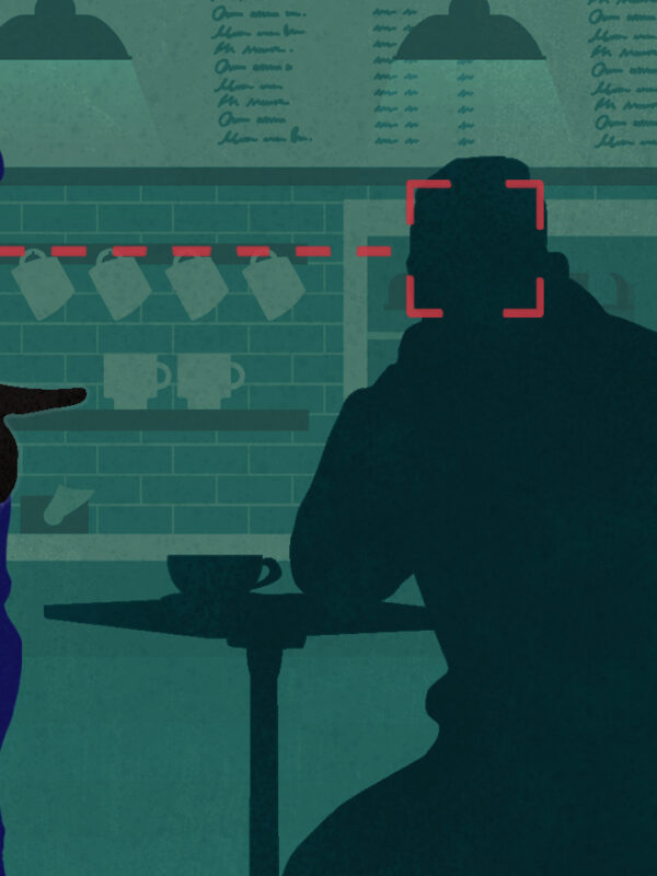 Person pointing police to another person in a cafe on green background