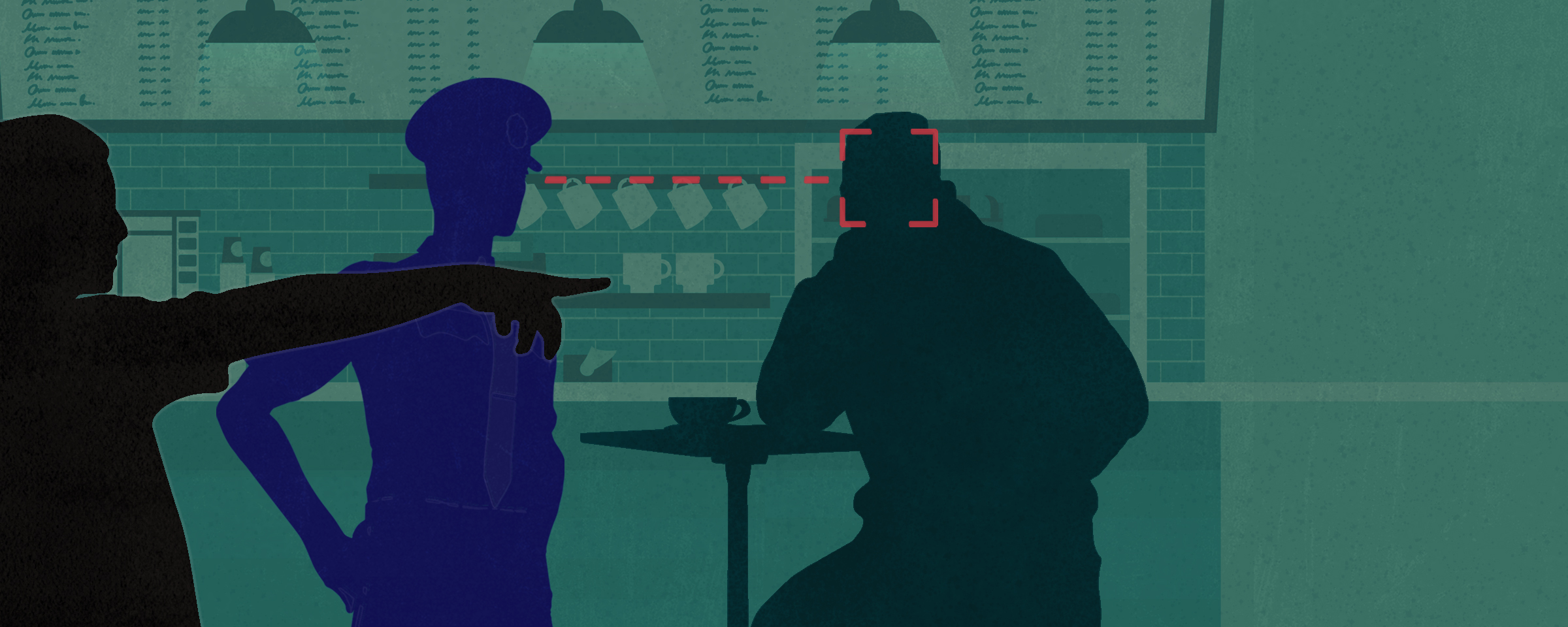 Person pointing police to another person in a cafe on green background