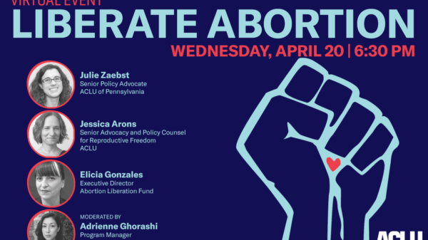 Liberate Abortion. Wednesday, April 20 at 6:30pm. Details in page text.