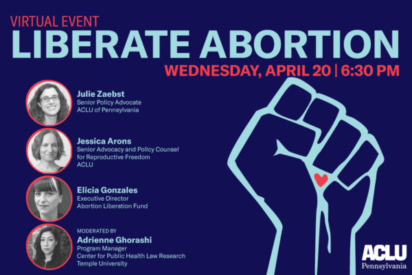 Liberate Abortion. Wednesday, April 20 at 6:30pm. Details in page text.