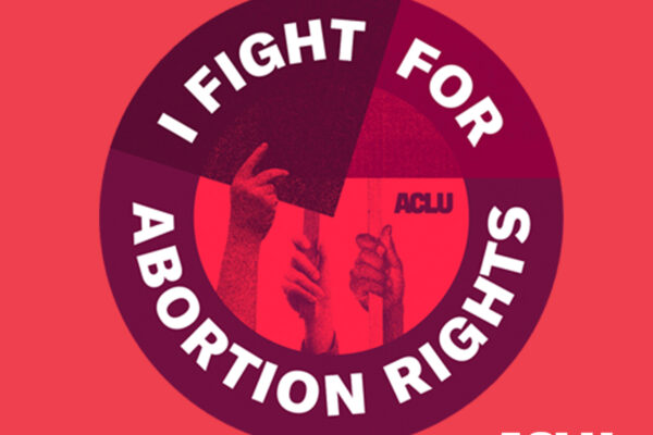 "I fight for abortion rights" is written in the shape of a circle. Inside the circle are hands holding protest signs.