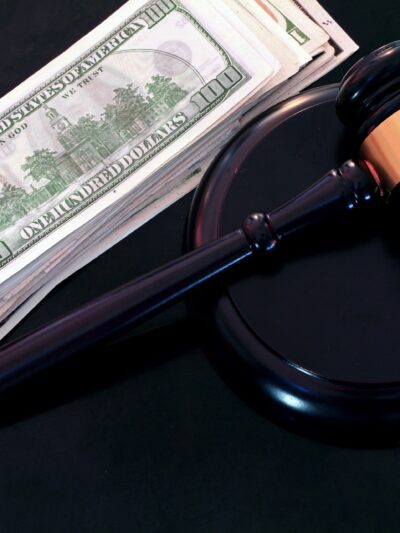 stack of hundred dollar bills and a judge's gavel
