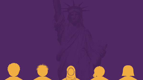 purple cover with gold text "Defending Liberty Hand-in-Hand: Annual Report 2021-22" darker purple image of statue of liberty in the background and diverse paper cutout people holding hands in gold across the bottom