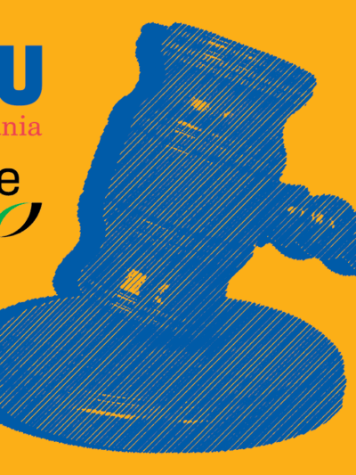 A blue gavel on a yellow background with the ACLU PA logo and Faegre Drinker logo