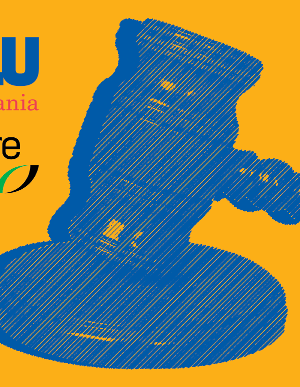 A blue gavel on a yellow background with the ACLU PA logo and Faegre Drinker logo