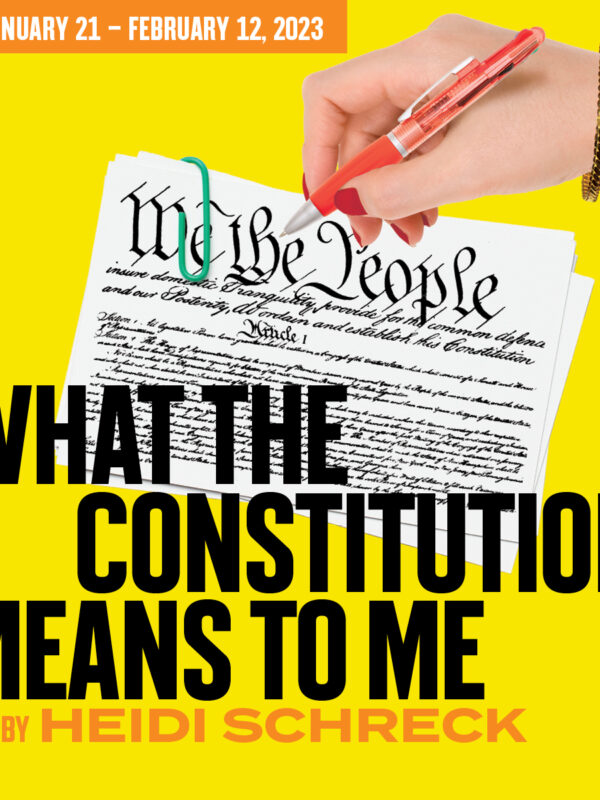 A hand signing on the constitution on a yellow background with the title of the play