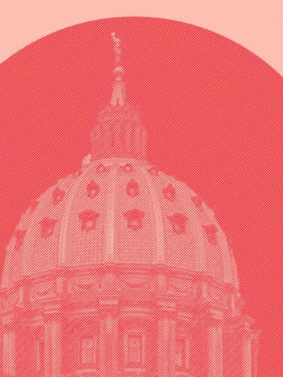 The Pennsylvania Capitol in a red and pink filter with a red circle behind it.