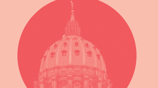 The Pennsylvania Capitol in a red and pink filter with a red circle behind it.