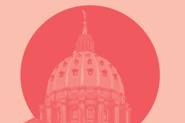 The Pennsylvania Capitol in a red and pink filter with a red circle behind it.