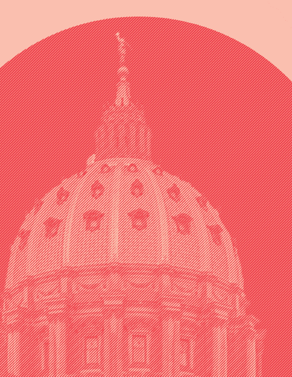 The Pennsylvania Capitol in a red and pink filter with a red circle behind it.