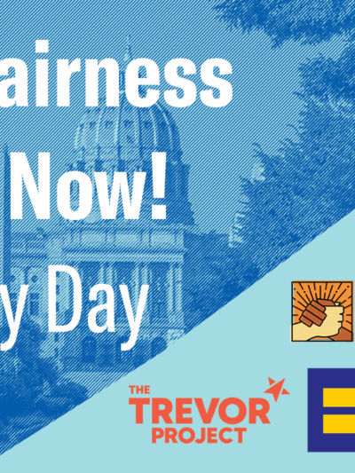 The Pennsylvania Capitol building in a light blue filter with logos from partner organizations and text that says, "PA Fairness Act, Now! Lobby Day