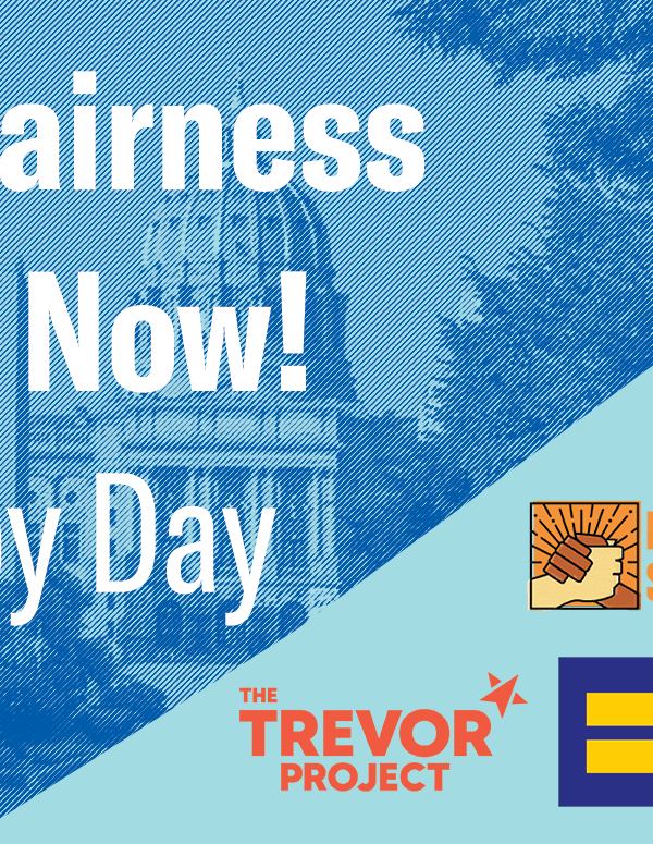 The Pennsylvania Capitol building in a light blue filter with logos from partner organizations and text that says, "PA Fairness Act, Now! Lobby Day