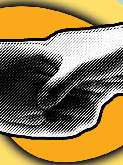 Two hands in a black and white filter holding each other on a yellow background