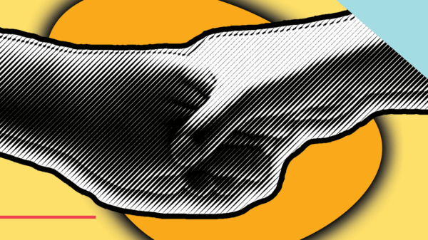 Two hands in a black and white filter holding each other on a yellow background