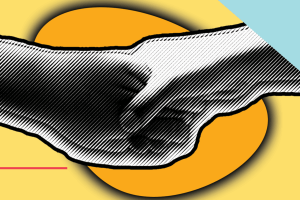 Two hands in a black and white filter holding each other on a yellow background