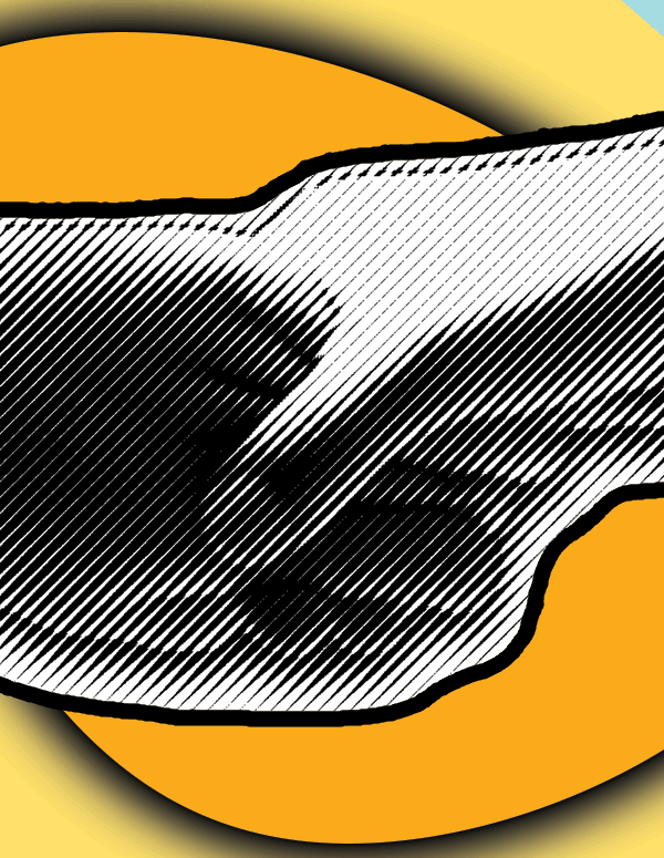 Two hands in a black and white filter holding each other on a yellow background