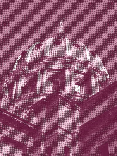 The Pennsylvania State Capitol in a burgundy filter