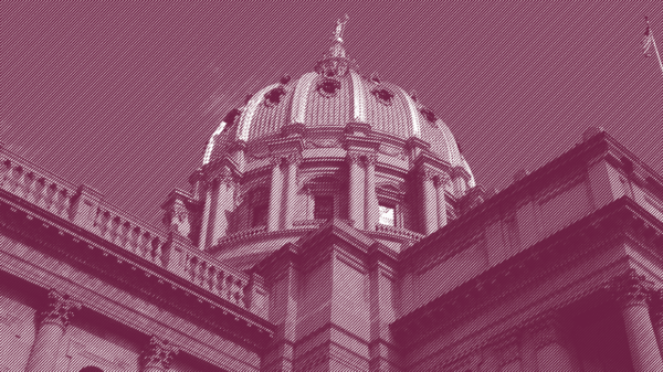 The Pennsylvania State Capitol in a burgundy filter