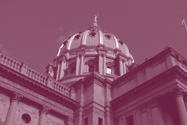 The Pennsylvania State Capitol in a burgundy filter
