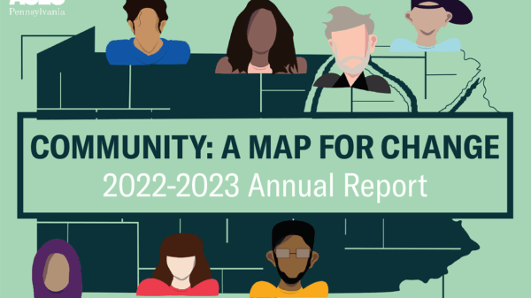 An illustration of people on the Pennsylvania map with a dark green and light green background