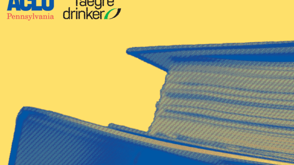 A stack of binders on top of each other in a blue, purple, and yellow filter with the ACLU-PA and Faegre Drinker logos