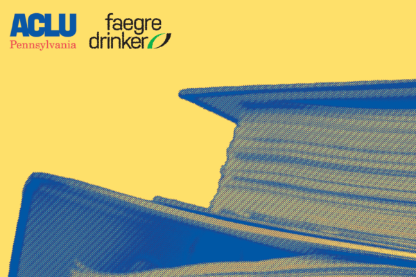 A stack of binders on top of each other in a blue, purple, and yellow filter with the ACLU-PA and Faegre Drinker logos