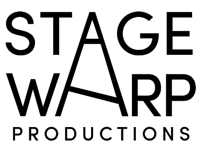The Stage Warp Productions logo that is in black font