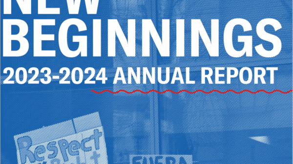 A picture of an ICE protest with a blue filter with text that says, "New Beginnings - 2023-2024"