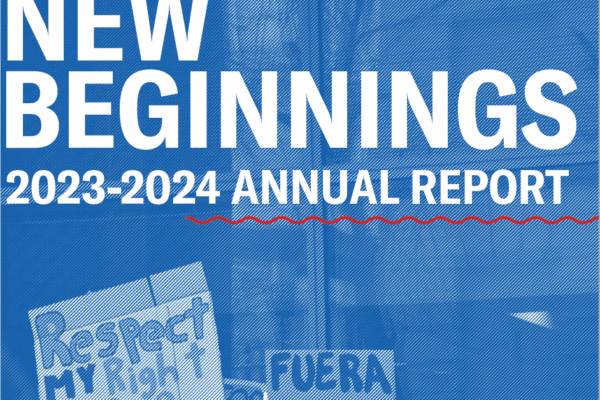 A picture of an ICE protest with a blue filter with text that says, "New Beginnings - 2023-2024"