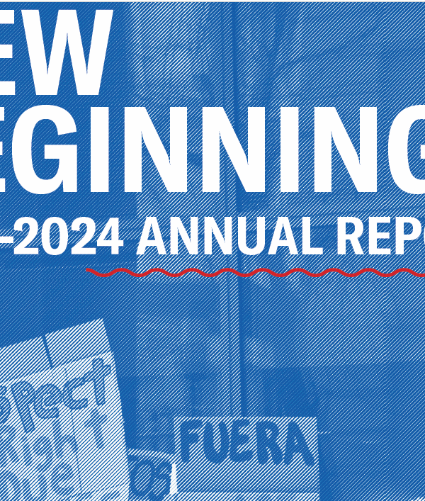 A picture of an ICE protest with a blue filter with text that says, "New Beginnings - 2023-2024"