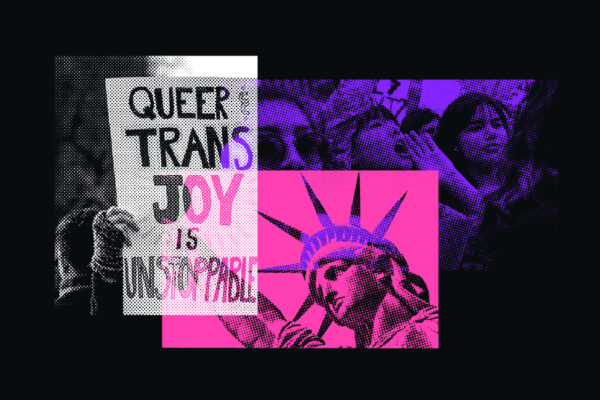 Photo mashup of statue of liberty, protesters, and a protest sign