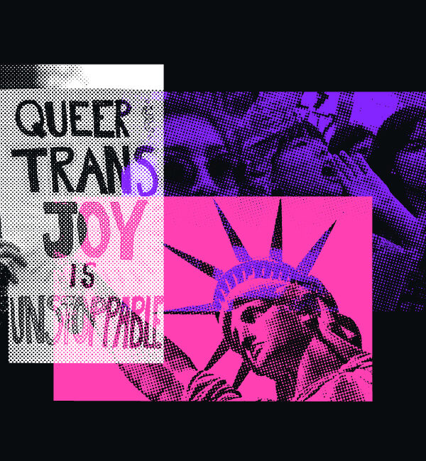 Photo mashup of statue of liberty, protesters, and a protest sign