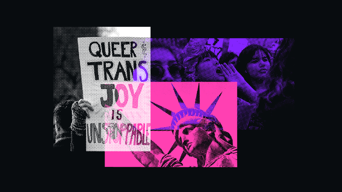 Photo mashup of statue of liberty, protesters, and a protest sign