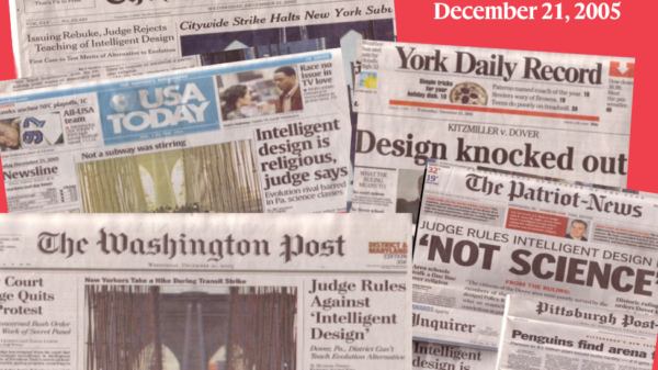 A collage of newspaper headlines from 20 years ago about the ruling on Kiztmiller v. Dover Area School District.