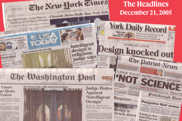 A collage of newspaper headlines from 20 years ago about the ruling on Kiztmiller v. Dover Area School District.