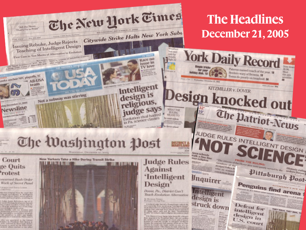 A collage of newspaper headlines from 20 years ago about the ruling on Kiztmiller v. Dover Area School District.