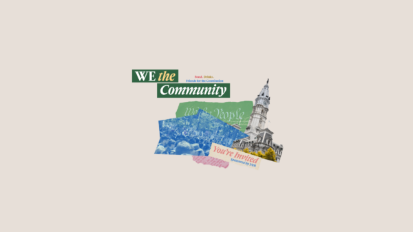 A tan photo that reads "We the Community" as the event title. Next to it says, "food. drinks. friends of the Constitution." Beneath the words is a visual collage that includes images of Independence Hall, the Constitution. people protesting, and the words, "You're Invited."