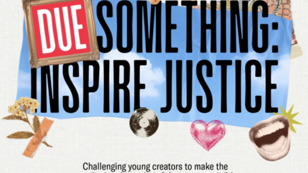A graphic that says, "Due Something: Inspire Justice. An art contest challenging young creators to make the constitutional promise of due process visible, accessible, and impossible to ignore." Around the words are images about art.