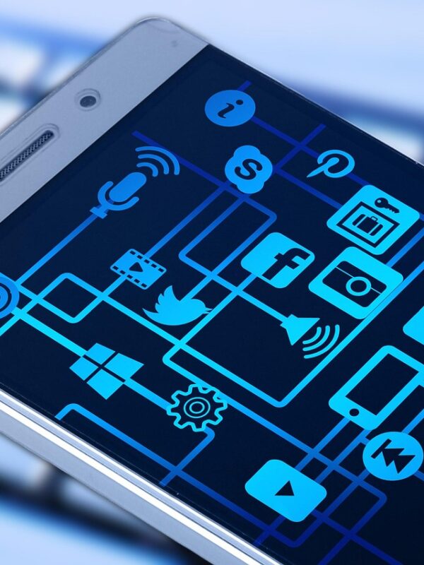 Cell phone image with a number of app icons visible on phone screen