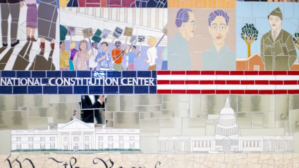 A photograph of a "We the People" mosaic found at the Constitution Center in Philadelphia.