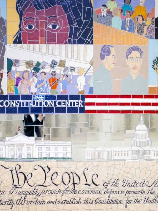 A photograph of a "We the People" mosaic found at the Constitution Center in Philadelphia.