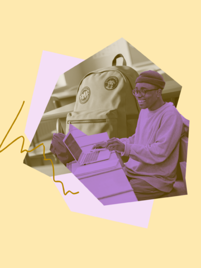 A decorative purple graphic of a student on a laptop and a bookbag in the background.