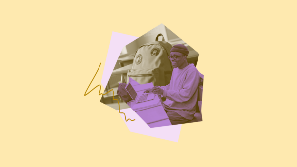 A decorative purple graphic of a student on a laptop and a bookbag in the background.