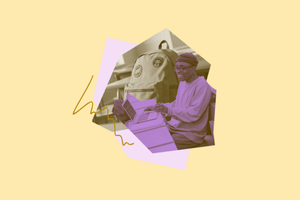 A decorative purple graphic of a student on a laptop and a bookbag in the background.