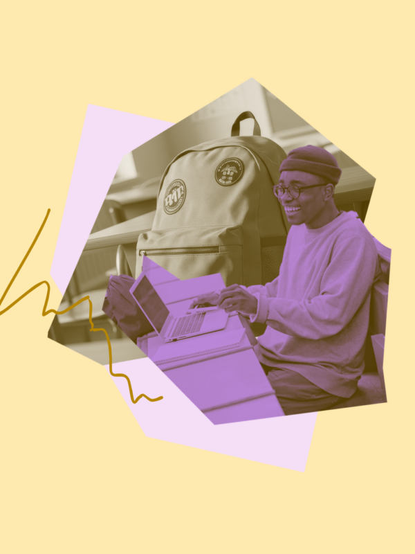 A decorative purple graphic of a student on a laptop and a bookbag in the background.