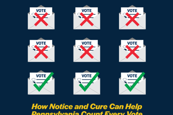A graphic titled "A Noticeable Difference" shows envelopes with 'VOTE' slips—some marked with a red X (rejected), others with a green check (accepted). Text: "How Notice and Cure Can Help Pennsylvania Count Every Vote." Common Cause PA and ACLU-PA logos.