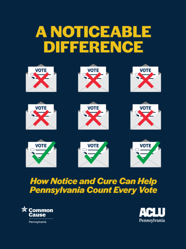 A graphic titled "A Noticeable Difference" shows envelopes with 'VOTE' slips—some marked with a red X (rejected), others with a green check (accepted). Text: "How Notice and Cure Can Help Pennsylvania Count Every Vote." Common Cause PA and ACLU-PA logos.