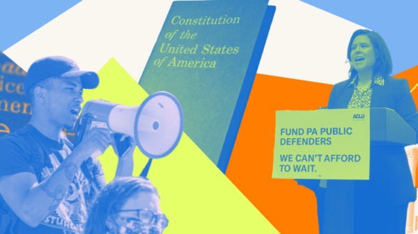A collage of neon yellow, blue and orange justice and advocacy photos. One reads, "Fund PA Public Defenders. We can't afford to wait."