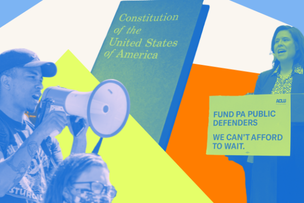 A collage of neon yellow, blue and orange justice and advocacy photos. One reads, "Fund PA Public Defenders. We can't afford to wait."